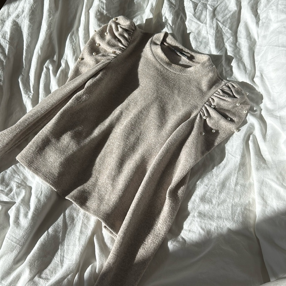 Zara Pearl Shoulder Soft Long Sleeve Sweater